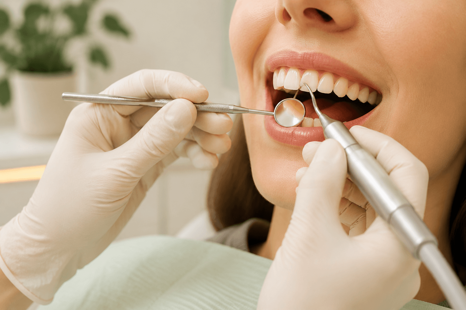 Professionele tandreiniging met een ultrasone scaler en mondspiegel.